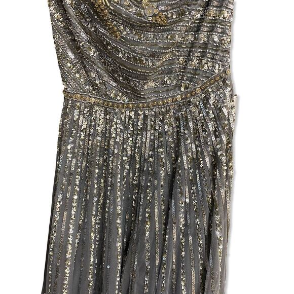 Mac Duggal 5220 Silver Sequin one shoulder gray embellished Gown wedding prom 4 - Picture 6 of 14